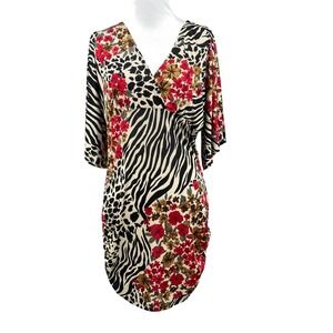 Y2K T-Party Animal Floral Print Cold Shoulder Mini Dress XL Zebra Leopard Red